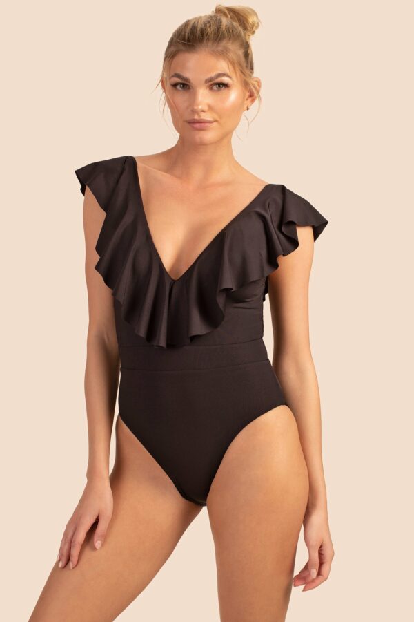 Trina Turk Swim Monaco Solids Ruffle Plunge One Piece / Black