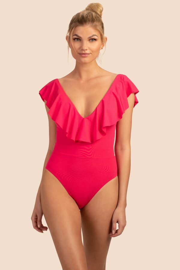 Trina Turk Swim Monaco Solids Ruffle Plunge One Piece / Geranium