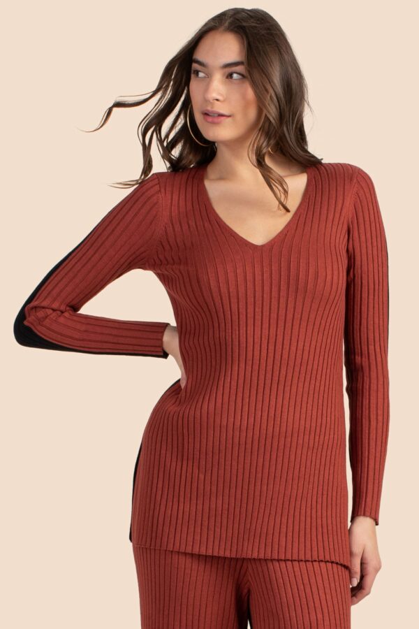 Trina Turk Zoey V-Neck Pullover / Cinnamon/Black