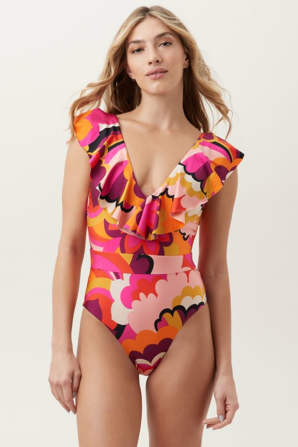 Trina Turk Swim Women's Fan Faire Ruffle Plunge One Piece Swimsuit / Multi