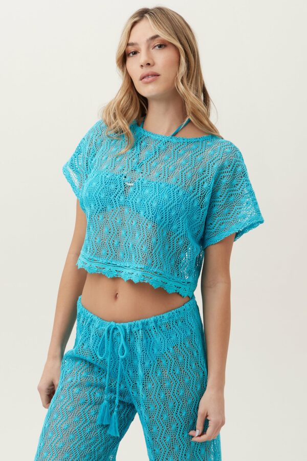 Trina Turk Swim Women's Whim Sheer Crochet Short Sleeve Swim Cover-Up Crop Top / Atmosphere