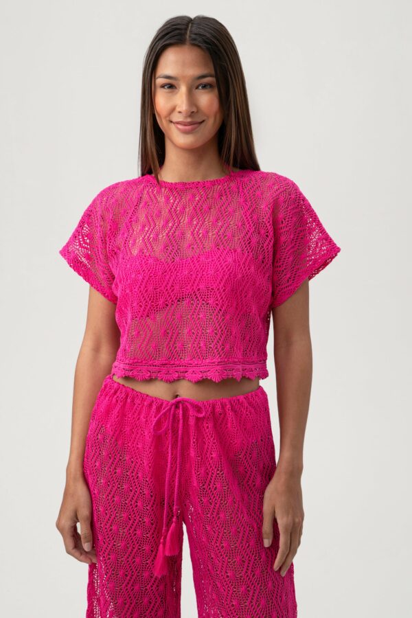 Trina Turk Swim Women's Whim Sheer Crochet Short Sleeve Swim Cover-Up Crop Top / Rose