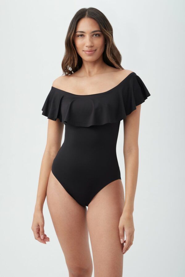 Trina Turk Swim Women's Monaco Off The Shoulder Ruffle One Piece Swimsuit / Black