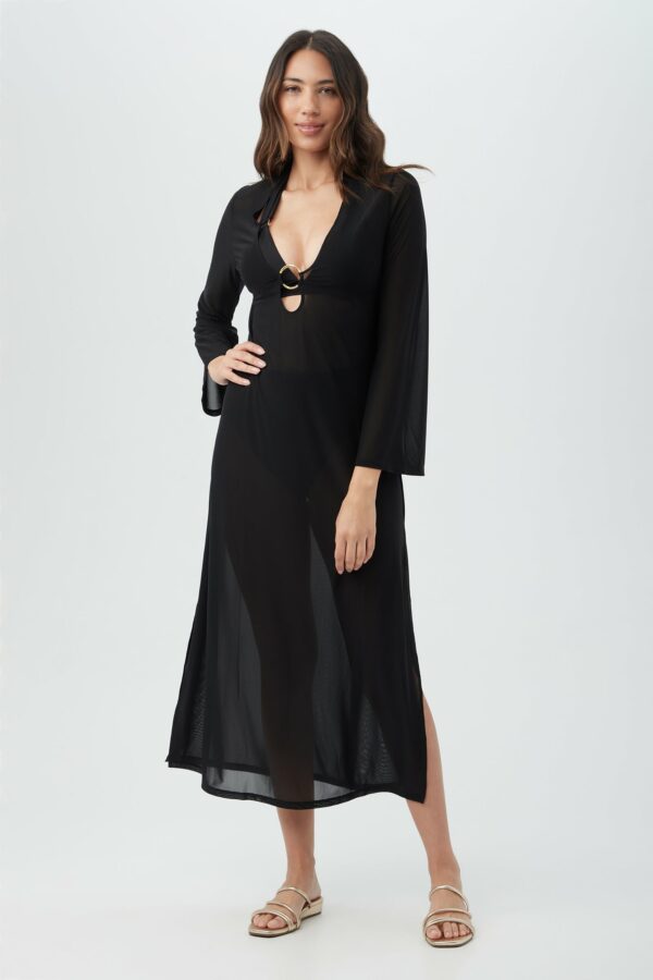 Trina Turk Swim Women's Elaire Long Sleeve V-Neck Mesh Maxi Dress Swim Cover-Up / Black