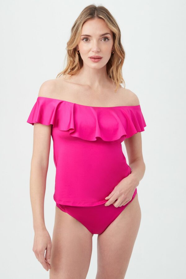 Trina Turk Swim Women's Monaco Off The Shoulder Ruffle Tankini Swim Top / Sangria