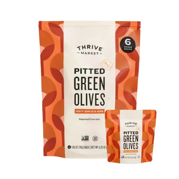 Thrive Market Pitted Green Olives, Zesty Garlic & Herb 6 x 1.06 oz bags