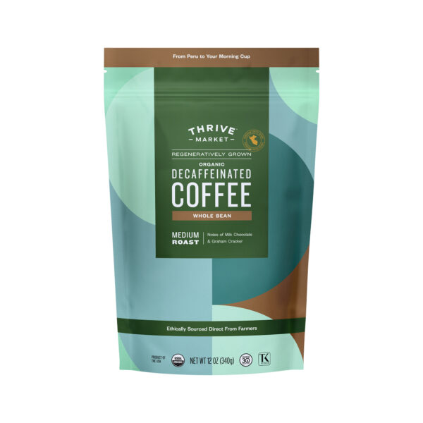 Thrive Market Decaffeinated Coffee, Regeneratively Grown Organic, Whole Bean 12 oz bag