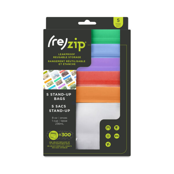 (re)Zip Reusable Stand-Up Snack (1 Cup) Bag, 5-pack, Jewel Tone 5 count