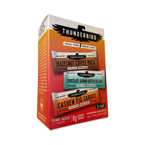 Thunderbird Bars Most Loved Bars Variety Pack, Hazelnut Coffee Maca, Chocolate Almond Butter Sea Salt, & Cashew Fig Carrot 6 bar box