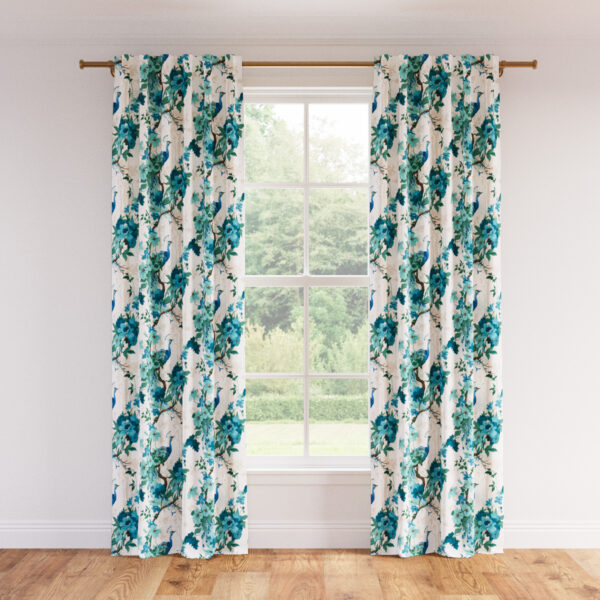 The Inside | Printed Linen Unlined Curtain | 50" x 96" | Turquoise Peacock Park Printed Linen Blend