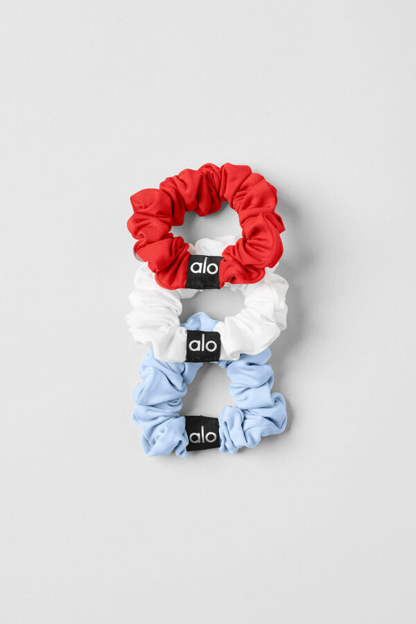 Alo Yoga | Fresh Mini Scrunchie 3-Pack in Red Hot Summer/White/Seashell Blue