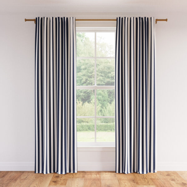 The Inside | Printed Linen Unlined Curtain | 50" x 96" | Navy Cabana Stripe Printed Linen Blend