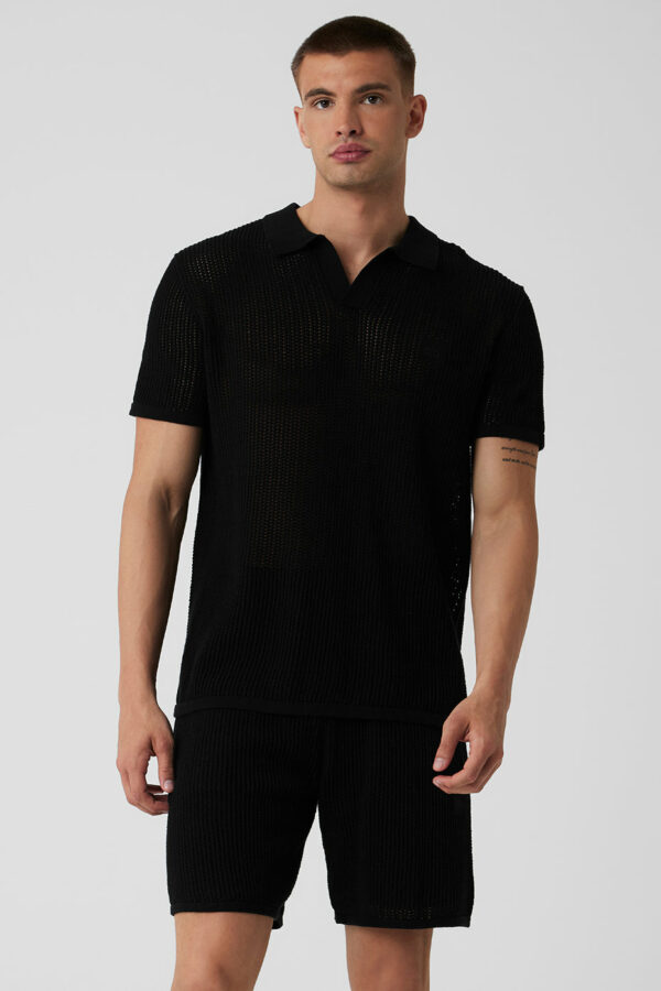 Alo Yoga | Open-Knit Polo Shorts Short Sleeves Top in Black