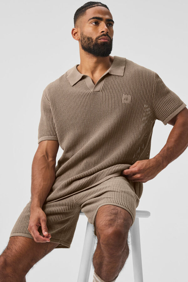 Alo Yoga | Open-Knit Polo Shorts Short Sleeves Top in Gravel Beige