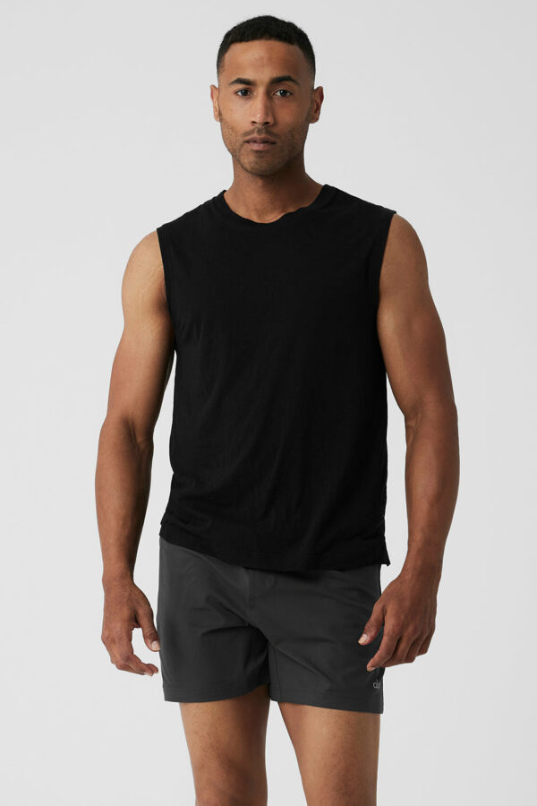 Alo Yoga | Sports Club Palms Muscle Tank Top in Black/Dark Grey