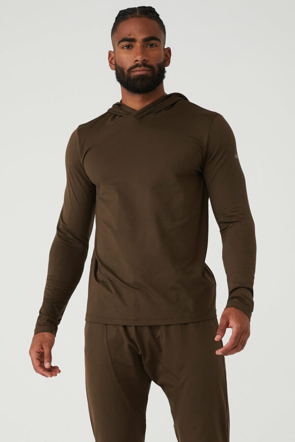 Alo Yoga | Conquer Reform Long Sleeve With Hood Sweatshirt in Espresso Brown