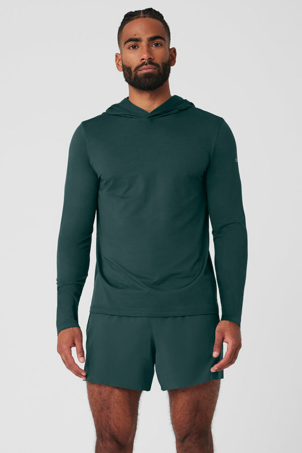 Alo Yoga | Conquer Reform Long Sleeve With Hood Sweatshirt in Midnight Green