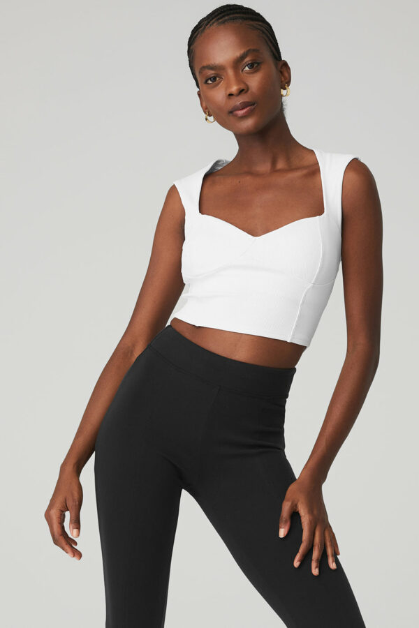 Alo Yoga | Ribbed Sweetheart Short Sleeve Top in White