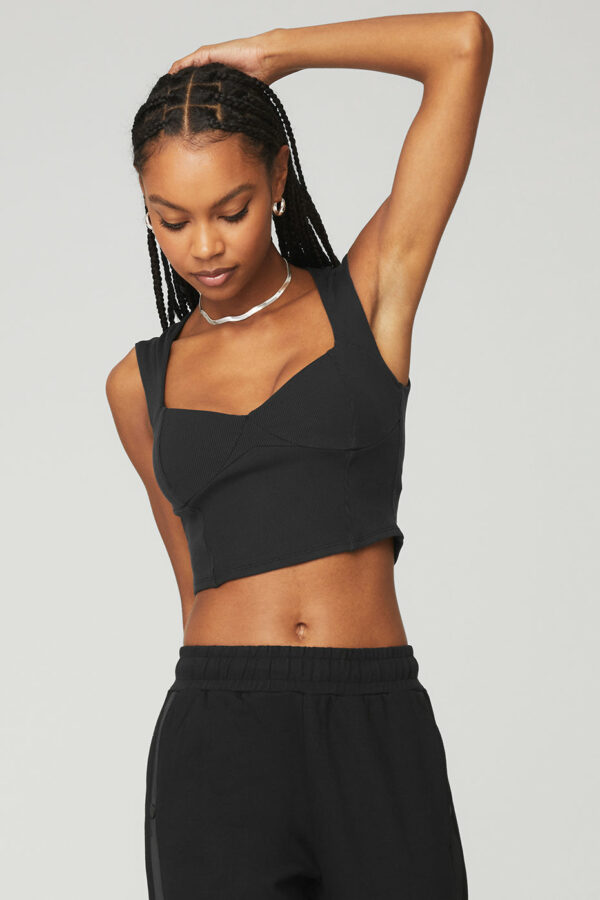 Alo Yoga | Ribbed Sweetheart Short Sleeve Top in Black