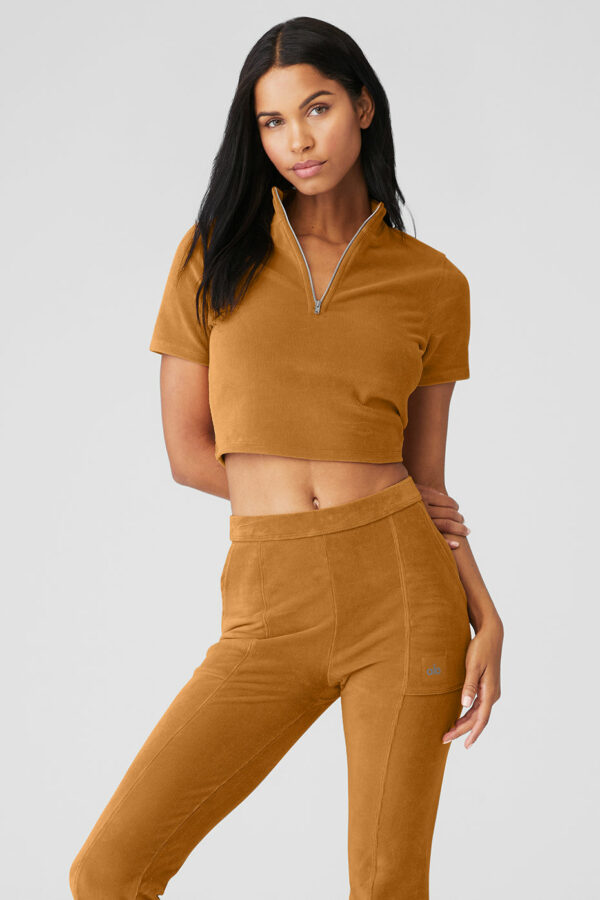 Alo Yoga | Micro Corduroy Winter Break Mock Neck Shorts Short Sleeves Top in Toffee Brown