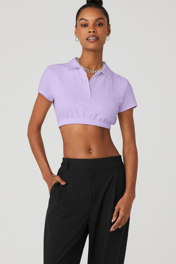 Alo Yoga | Cropped Prestige Polo Shorts Short Sleeves Top in Violet Skies Purple