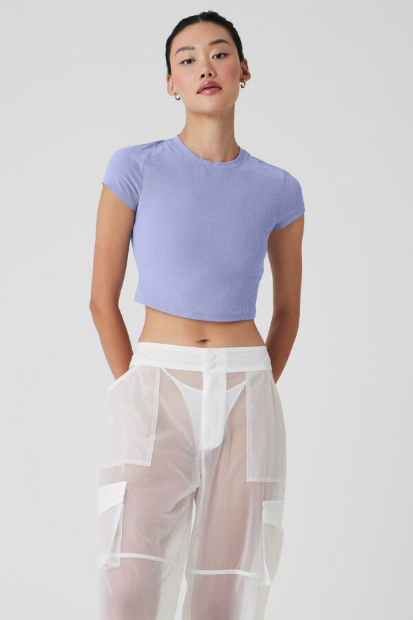 Alo Yoga | Ribbed Sea Coast Cropped Short Sleeve T-Shirt in Lilac Blue Purple