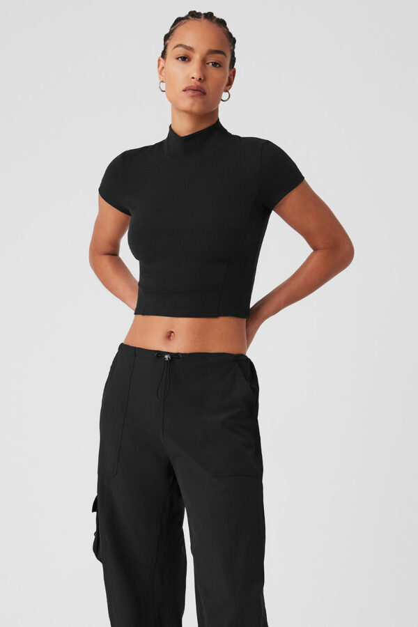 Alo Yoga | Wellness Rib Mock Neck Polished Short Sleeve Top in Black