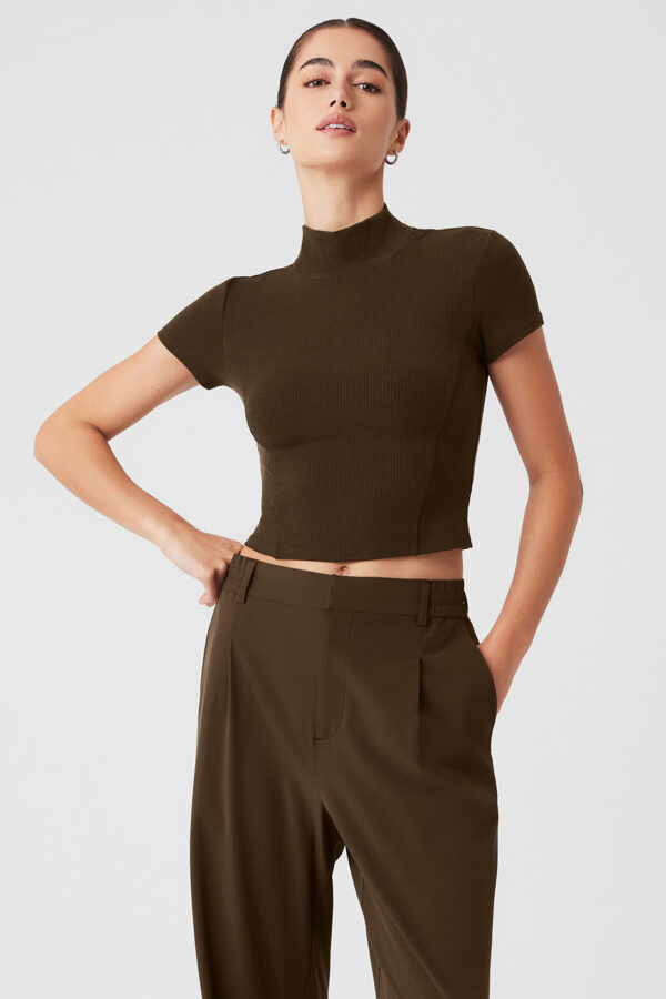 Alo Yoga | Wellness Rib Mock Neck Polished Short Sleeve Top in Espresso Brown