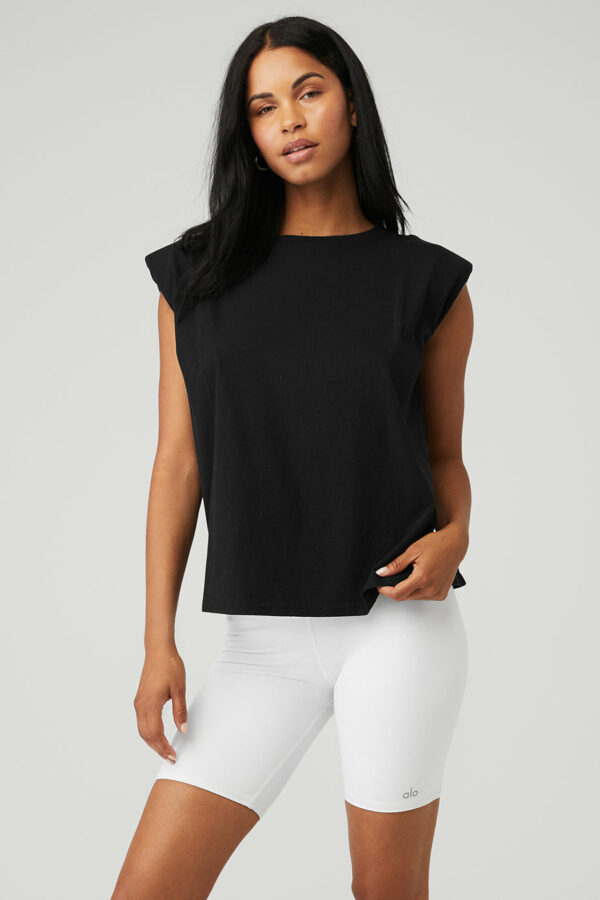 Alo Yoga | Headliner Shoulder Pad Sleeveless T-Shirt in Black