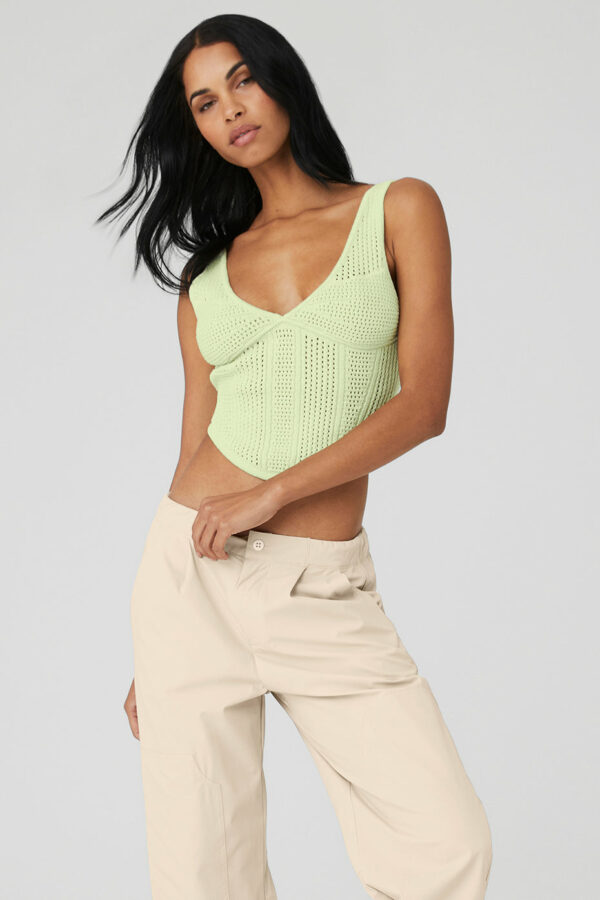 Alo Yoga | Open-Knit Chase The Sun Corset Tank Top in Iced Green Tea