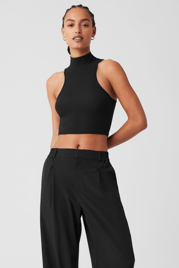 Alo Yoga | Ribbed Sea Coast Cropped Turtleneck Tank Top in Black