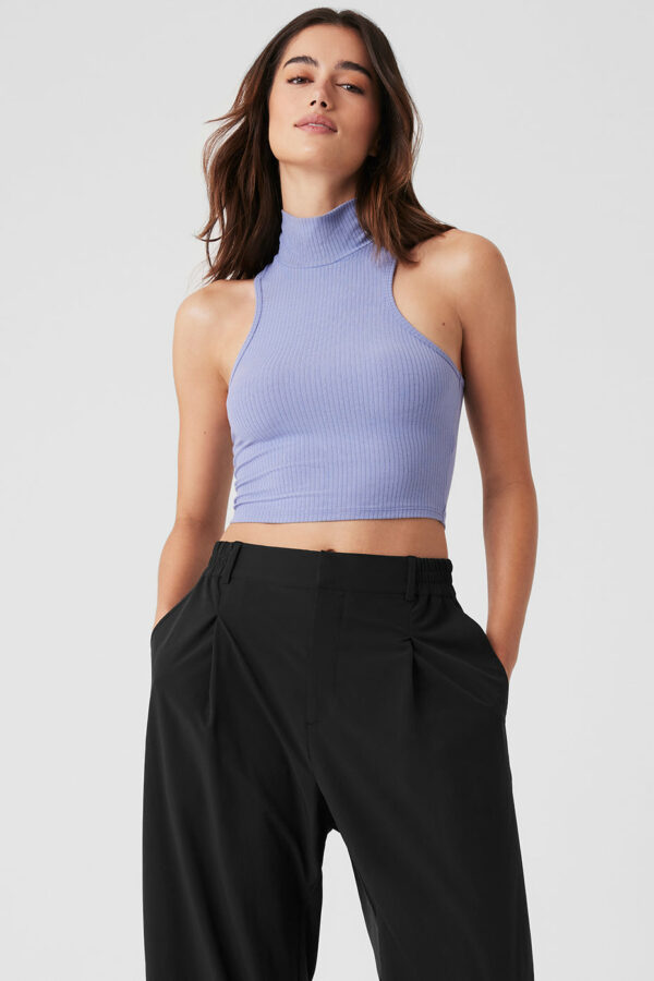 Alo Yoga | Ribbed Sea Coast Cropped Turtleneck Tank Top in Lilac Blue Purple