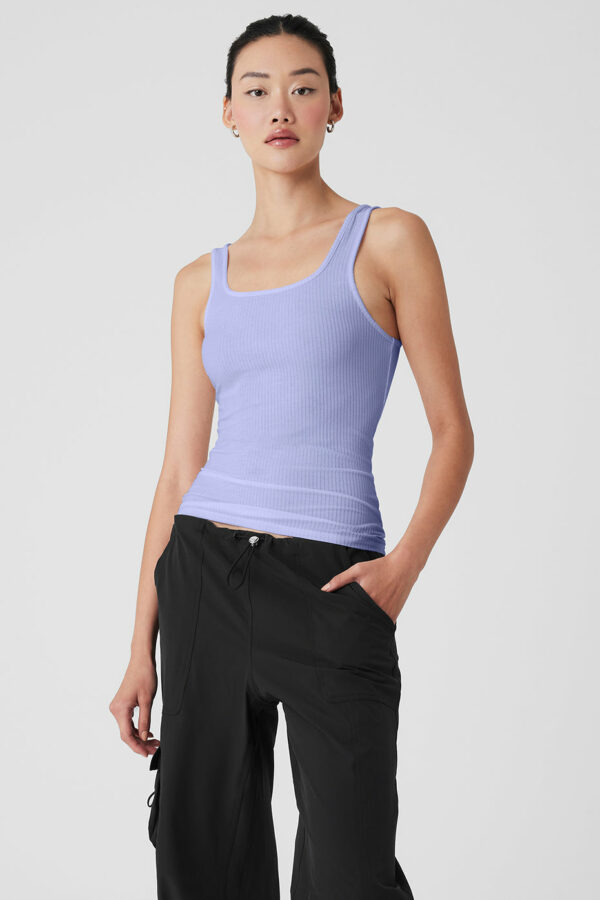 Alo Yoga | Ribbed Sea Coast Scoop Neck Tank Top in Lilac Blue Purple