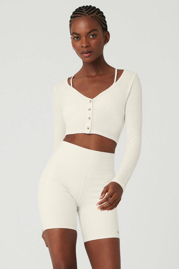 Alo Yoga | Ribbed Cropped Whisper Cardigan Sweatshirt in Ivory White