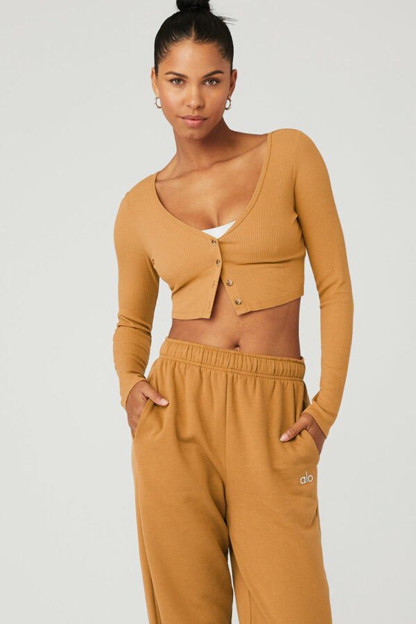 Alo Yoga | Ribbed Cropped Whisper Cardi Top in Toffee Brown