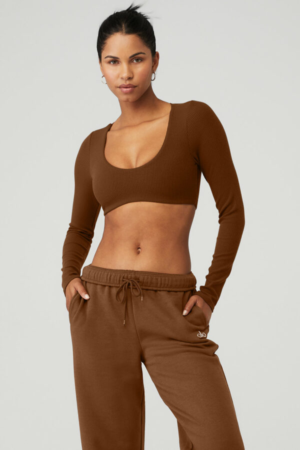 Alo Yoga | Ribbed Defined Long Sleeve Bra in Cinnamon Brown