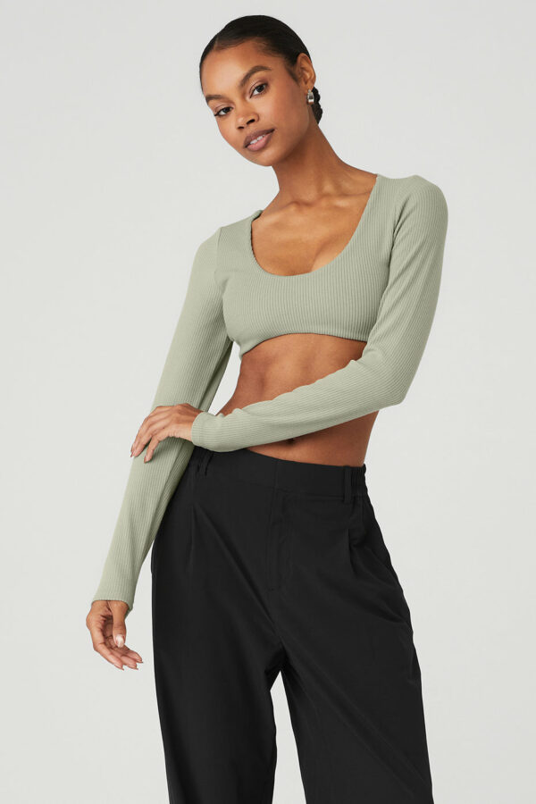 Alo Yoga | Ribbed Defined Long Sleeve Bra in Limestone Green