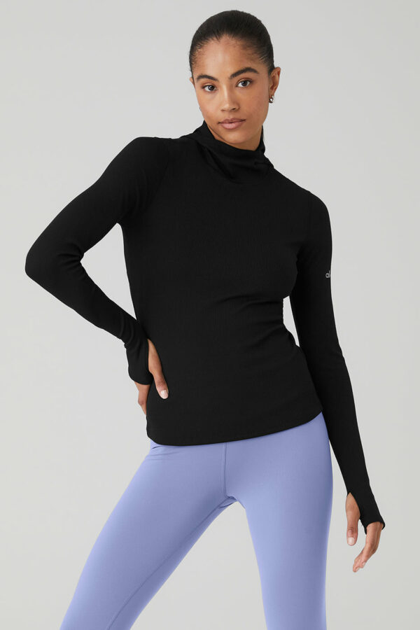 Alo Yoga | Alosoft Ribbed Frontrunner Long Sleeve Top in Black