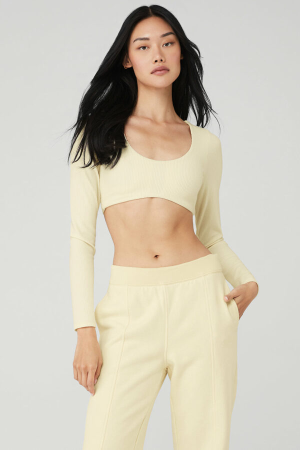 Alo Yoga | Ribbed Defined Long Sleeve Bra in French Vanilla Yellow