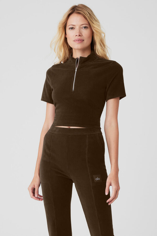 Alo Yoga | Micro Corduroy Winter Break Mock Neck Shorts Short Sleeves Top in Espresso Brown