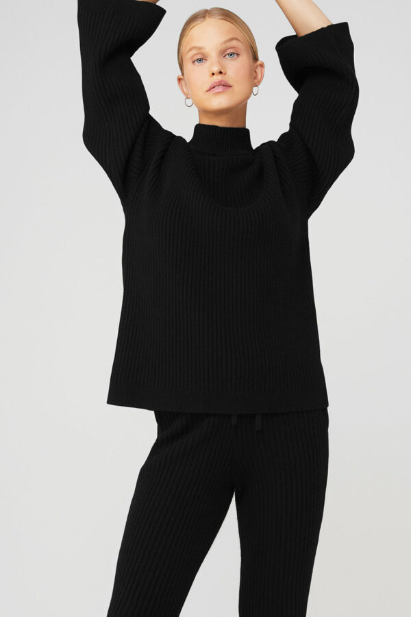 Alo Yoga | Cashmere Ribbed Winter Dream Mock Neck Coverup Sweatshirt in Black