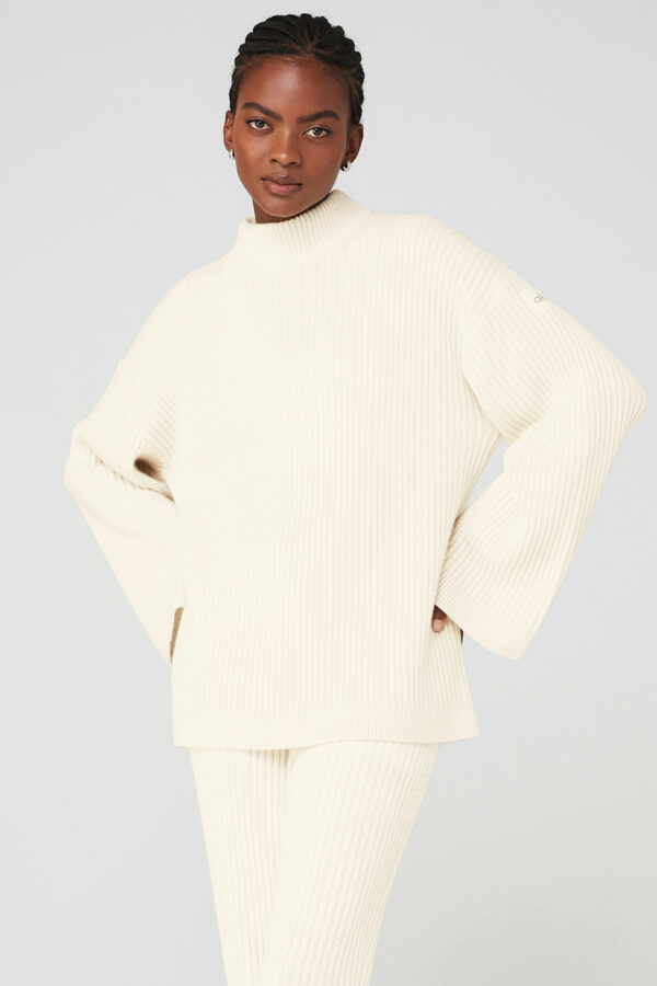 Alo Yoga | Cashmere Ribbed Winter Dream Mock Neck Coverup Sweatshirt in Ivory White