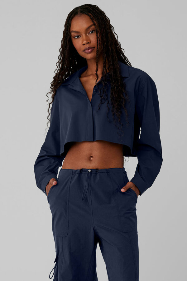 Alo Yoga | Cropped Take Me Out Button Up Jacket in Navy Blue