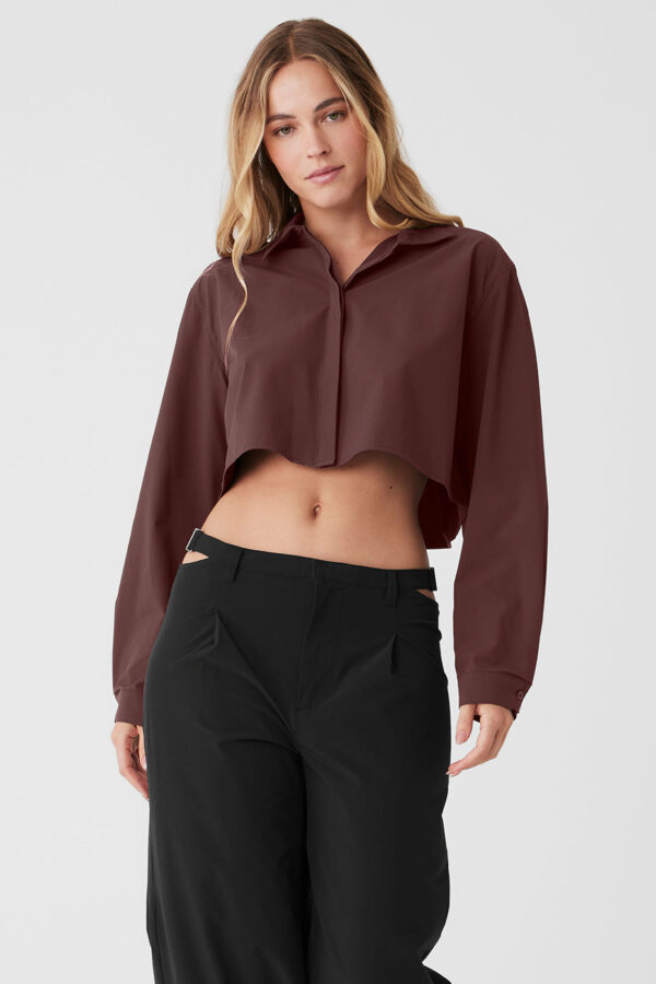 Alo Yoga | Cropped Take Me Out Button Up Jacket in Cherry Cola Brown