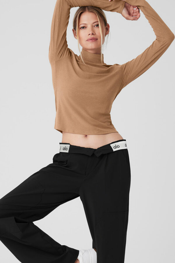 Alo Yoga | Ribbed Sea Coast Mockneck Long Sleeve Top in Toasted Almond Beige