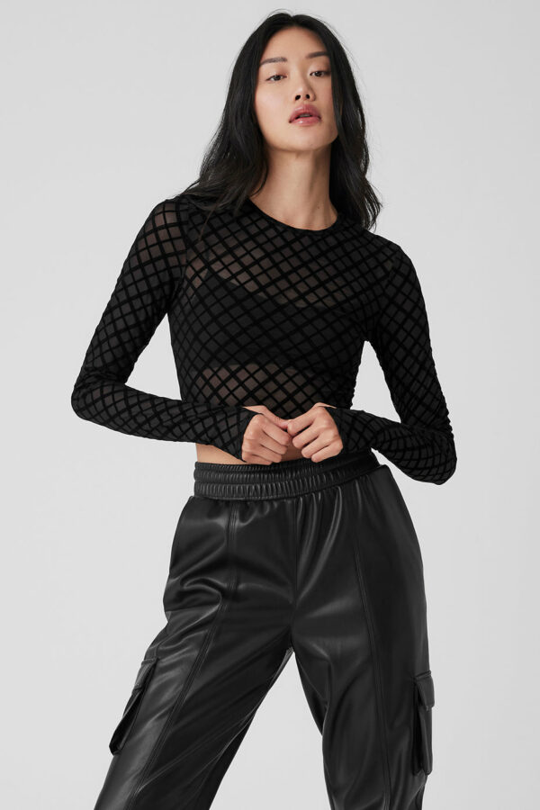 Alo Yoga | Mesh Plaid Cropped Long Sleeve Top in Black