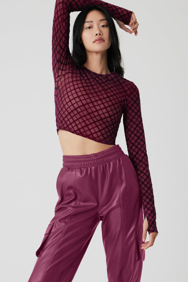 Alo Yoga | Mesh Plaid Cropped Long Sleeve Top in Wild Berry Pink