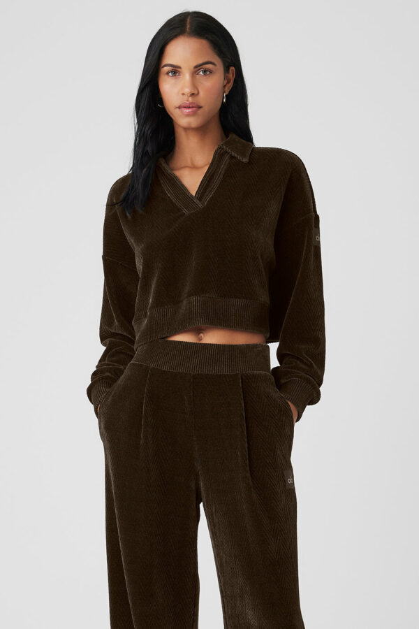 Alo Yoga | Cropped Cozy Day Henley Pullover Top in Espresso Brown