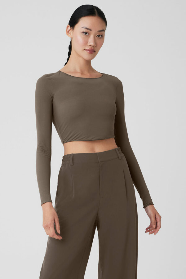 Alo Yoga | Mesh Sheer Illusion Long Sleeve Top in Olive Tree Brown