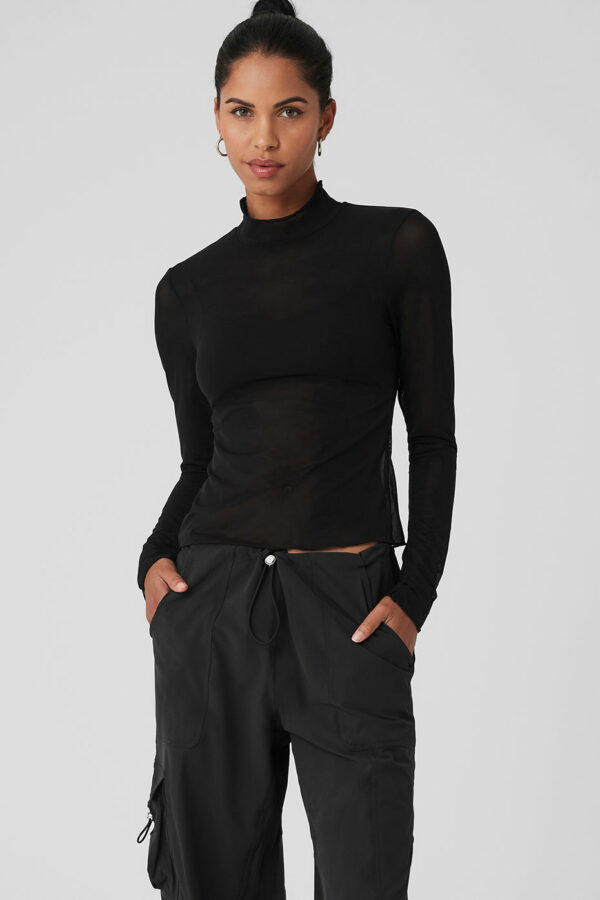 Alo Yoga | Mesh Sheer Illusion Mock Neck Long Sleeve Top in Black